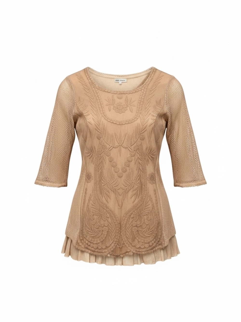 Indigo Thread Co Boho Mesh Knit Tunic Top Ruffle Hem Tan Blush